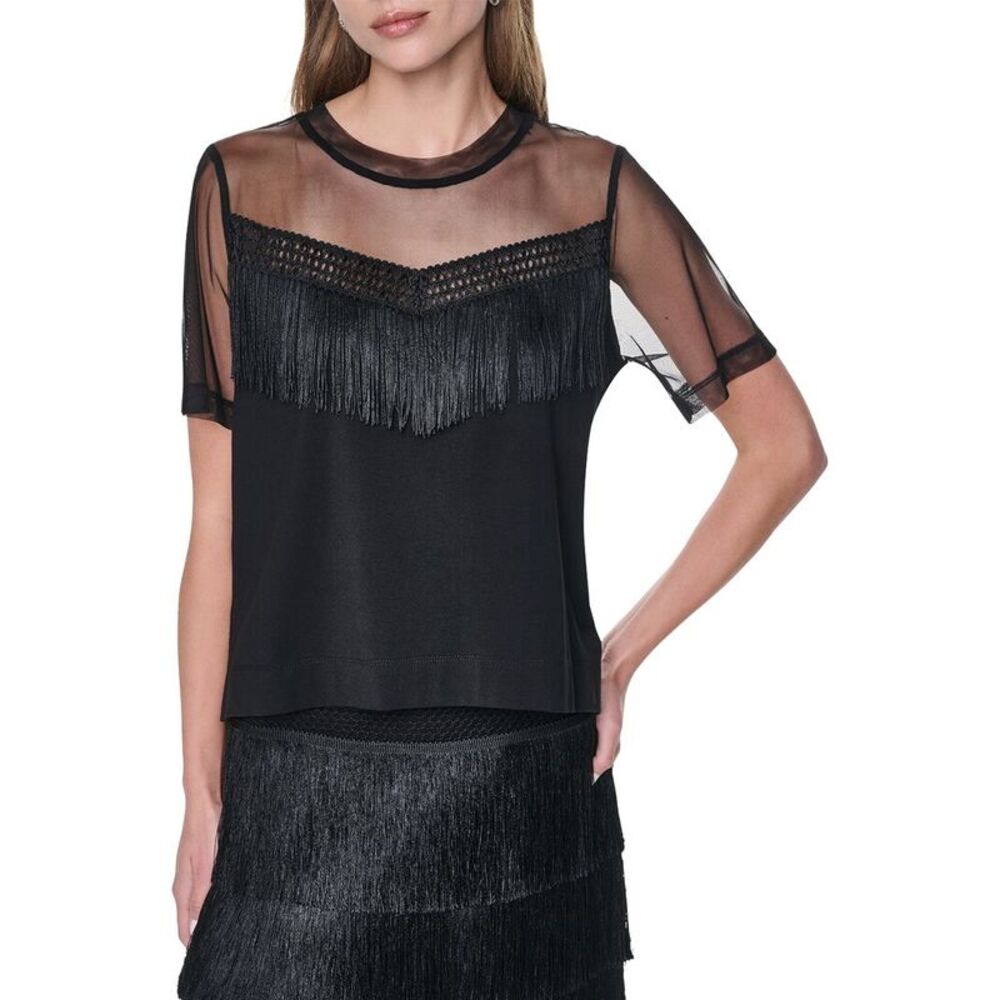 Dkny Womens Mesh Fringe Shirt, Black